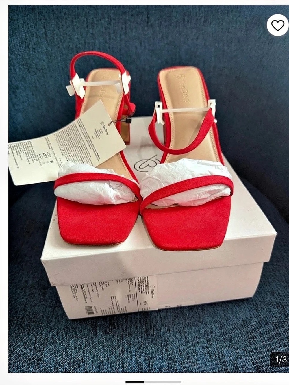 The Drop Avery Square Toe Two Strap High Heeled Sandal Red & White